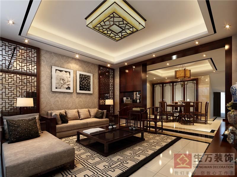 中式装修客厅，采用很多中式博古架进行装饰，中式风格的灯具，实木家具，很有稳重，孕育中国文化。