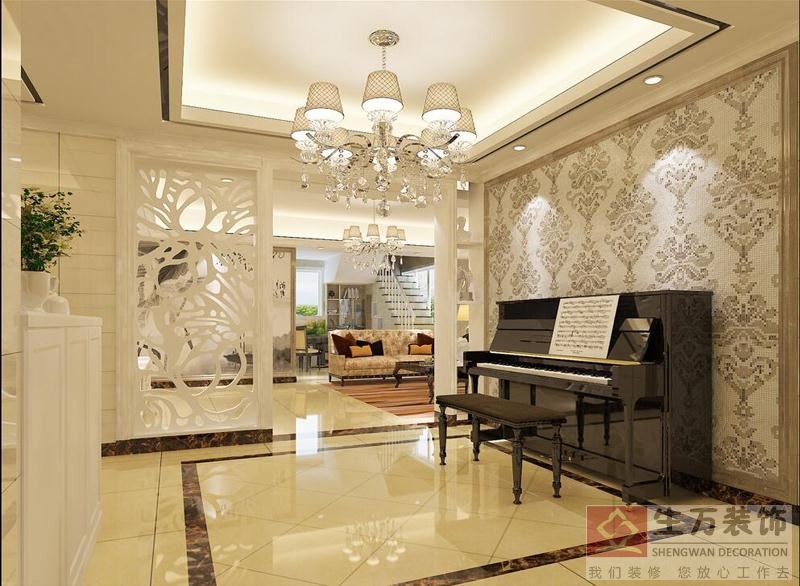 客厅的装修设计，玄关与过厅用白色木通花进行装饰整个空间之美。